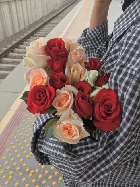 A person wearing a black and white checked shirt is holding a bouquet of fresh roses, featuring a mix of deep red, soft peach, and creamy white blooms, with green leaves interspersed. The bouquet is w