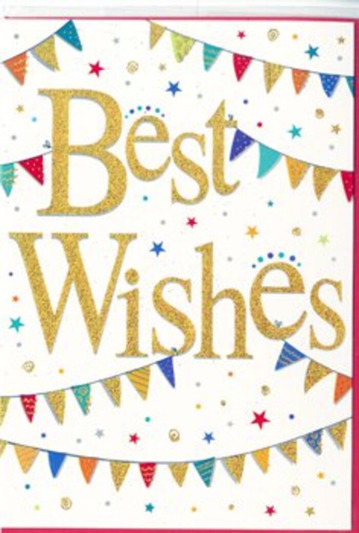 This card offers a beautifully balanced expression of congratulations, pairing rich gold lettering with playful decoration that would look right at home beside a fresh bouquet arriving anywhere in Egham. At the centre of the composition, the words Best Wishes are written in large, flowing script, the characters rendered in gleaming gold with a subtle glitter finish. The strokes rise slightly from the surface, giving the impression of embossing that invites touch as much as sight, much like the tactile satisfaction of running your fingers along the spine of a new book. The shimmering gold stands out crisply against a pure white background, lending an air of calm sophistication. Surrounding this central wish, arcs of bunting sweep from one edge of the card to the other. The bunting is strung in gentle curves, as though hanging loosely across a room prepared for a celebration near Egham Hill. Each small triangular flag is painted in bright, inviting colours-vivid reds, blues, greens, yellows-and some include tiny decorative marks that suggest hand-crafted care. Between and around these colourful garlands, clusters of tiny stars and dots in coordinating hues are scattered almost randomly, evoking the playful scatter of confetti after a toast. The overall mood is festive yet measured; there is a sense of movement and delight, but the clean white backdrop keeps the design from feeling crowded. This card would be a fitting companion to flowers sent for exam results at Royal Holloway, a new job, or even a special anniversary. Its golden script and dancing bunting visually convey pride, support, and optimism, making it a warm, versatile way to send well-earned congratulations around Egham.