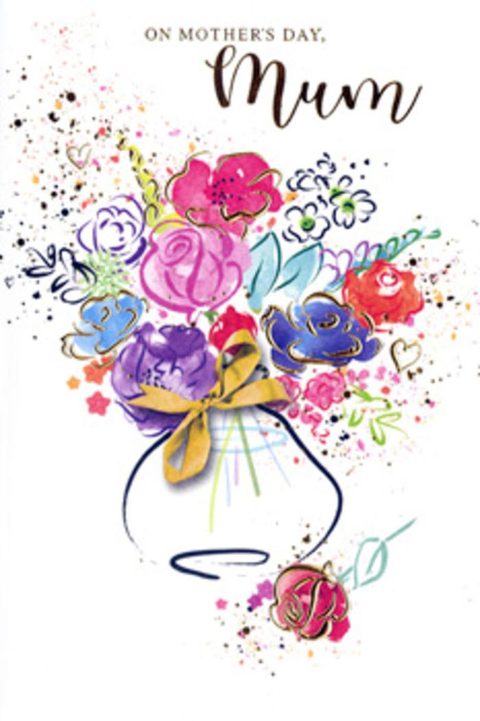 This expressive Mother's Day card presents an artistic bouquet that seems to dance across the page, as if sketched quickly by a florist in Egham between preparing fresh deliveries. A whimsical vase at the base anchors the composition, its soft outline painted in translucent washes and accented by a small, neatly tied golden bow that shines subtly against the clean white background. From this vase springs a joyous medley of blooms rendered in flowing watercolour: hot pinks and cerise tones meld into deep indigo and purple, while hints of apricot, chartreuse, and lavender peek from between the petals. Each flower is suggested rather than precisely drawn, giving the arrangement an impressionistic quality, like glimpsing a bouquet through a rain-flecked window along Egham Hill. Fine touches of gold trace the edges of certain petals and leaves, adding a warm glow that recalls the emotional radiance of a mother's hug. The bouquet opens outward in an almost circular shape, leaving airy spaces where the white of the card shines through, preventing the colours from feeling heavy or crowded. Around the floral heart of the design, playful splashes, small hearts, and scattered dots of pigment echo the bouquet's palette, as if fragments of colour have been carried outward on a joyful breeze sweeping over Runnymede fields. The overall mood is one of admiration and heartfelt thanks-a painterly tribute that turns a simple greeting into a keepsake. It suggests a Mother's Day gift chosen with care, reflecting the way local families in Egham honour the women who hold their homes together.