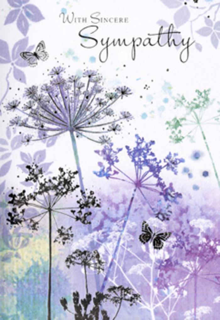 This sympathy card's design possesses a tranquil, almost meditative quality, like pausing by a quiet path in Egham as the day slowly brightens. Tall, spindly wildflowers with umbelliferous heads lean and arch gracefully across the scene, each one drawn with fine, filigree detail that celebrates nature's resilience. The blooms are shaded in a soothing palette of violets, powder blues, and misted greens, layered over a softly blurred background that drifts from cool lavender to pale grey, recalling the gentle haze over the fields near Runnymede in the early light. Two butterflies hover above the wispy petals, their shapes light and translucent, as if they're gently suspended between one moment and the next, symbolising continuity and the fragile beauty of memory. The light that bathes the illustration is diffuse and gentle, with no hard lines or stark shadows; it creates a sense of contemplative stillness, inviting the viewer to pause and breathe. There is openness in the composition-space between each stem, space around the butterflies-that reflects the quiet needed for remembrance. As a florist working with families across Egham to create funeral and sympathy arrangements, I recognise in this card's design the same understated elegance that many people look for when words alone don't feel enough. Its floral silhouettes echo the forms of graceful sprays and posies often chosen for memorial services in the area. Whether accompanying a bouquet delivered to a home near Egham Hill, a peaceful address by the river, or a chapel service, this card offers more than a message; it offers a serene invitation to reflect and remember.