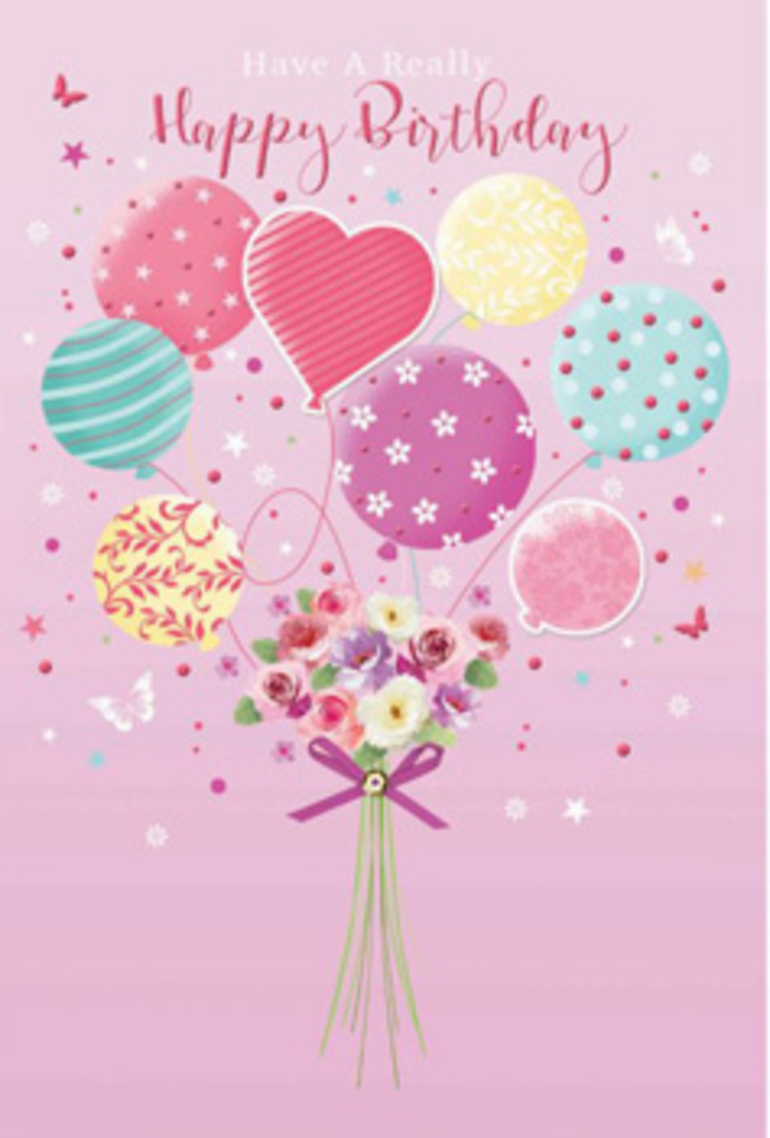 There is a gentle joy woven through this illustrated birthday card, as if the scene has been inspired by a quiet afternoon in Egham's leafy lanes. On a soft pink background, a cluster of pastel balloons rises gracefully, giving the impression of a bouquet being lifted lightly into the sky. Each balloon feels unique: one spins with ribbon-like stripes in candy colours, another is speckled with playful polka dots, others carry subtle floral motifs or swirling patterns, and at the centre a heart-shaped balloon glows with tender pink and lilac tones that suggest closeness and affection. Below this airy gathering, a carefully composed hand-tied bouquet forms the visual anchor. Petite roses and daisy-like flowers mingle with anemone-style blooms, their petals shaded from creamy ivory through blush to deeper rose, like flowers kissed by morning light spilling across a windowsill in a home near Egham Hill. The stems are bound with a rich purple satin bow, its smooth loops catching the imagined light, a small but telling detail that speaks of a florist's practiced hands. Around the flowers, delicate butterflies hover and tiny stars scatter, adding a sense of dreamy movement, as though the bouquet exists in a moment suspended between a real garden and a birthday daydream. The overall tone is one of warmth and celebration, without being loud or overwhelming-a perfect image for sending a birthday greeting that feels personal and heartfelt. It mirrors the feeling of receiving a beautifully arranged, pastel-toned bouquet delivered across Egham, created to make the recipient feel cherished and remembered on their special day.