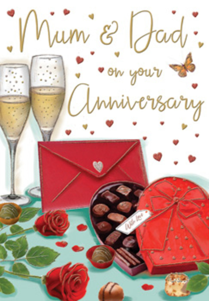 In this illustrated anniversary card, every element seems composed to celebrate a long-lasting love, reminiscent of the relaxed, homely gatherings often found in Egham. The eye is first drawn to the red roses in the foreground: full-headed blooms resting on the tabletop, petals velvety and layered, their rich crimson hue subtly shaded to suggest depth and softness. The roses are cradled by vibrant green leaves that extend outward, adding a fresh, garden-like feel to the scene, as if the flowers were just arranged by a careful hand. Next to them rests a heart-shaped box of chocolates, its lid tipped open to reveal rows of carefully placed truffles. The box is wrapped with an impressive red bow, each loop and tail rendered with a silky sheen that catches the light like real ribbon. Just behind, two tall champagne flutes stand close together, each one filled with a delicate golden fizz. The bubbles seem to pause in mid-ascent, suggesting a quiet moment just before the couple lifts their glasses in a toast. Gold and crimson hearts drift across the card, encircling the softly penned Mum & Dad greeting and sprinkling the scene with a sense of playful joy. On the surface beside the chocolates, a deep red envelope lies slightly angled, evoking the idea of a handwritten anniversary message, similar to the thoughtful notes that accompany our flower deliveries around Egham, Pooley Green, and along the roads towards Staines-upon-Thames. A warm, gentle light illuminates the entire composition, giving the glassware a subtle sparkle and the chocolates a soft gloss. Altogether, the scene feels indulgent yet homely, suffused with gratitude, shared memories, and the promise of many more celebrations.