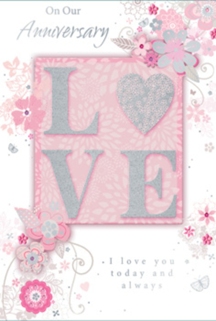 The anniversary card shown here unfolds visually like stepping into a sun-washed room where love is cherished in everyday moments, a feeling that resonates with the friendly, village-like charm of Egham. Dominating the design, the word LOVE is printed in a frosted glitter finish, the surface gently raised so it can be felt as well as seen. The glitter shimmers in a muted silver, catching the light with a soft sparkle that never feels overpowering, evoking the quiet gleam of jewellery worn on a special date night. Around this central motif, wispy, hand-drawn flowers drift along the borders and corners of the card. Their petals are coloured in a harmonious mix of blush pink, lilac, and creamy ivory, with shading that gives a sense of depth and softness, as if painted with a delicate brush. Between the blooms, filigree-style lines and dainty leaves weave in and out, some barely-there in soft grey, others lightly accented with silver for emphasis. Scattered among them are tiny, almost-hidden butterflies and small swirling flourishes, suggesting those fluttering, hopeful feelings that often accompany anniversaries. The background transitions through gentle tones of warm blush and ivory, reminiscent of late afternoon light filtering through windows in homes off Station Road. In a graceful, understated typeface, the phrase I love you today and always appears, placed with care so it feels like an intimate promise rather than a bold statement. Altogether, the card feels like a hand-tied bouquet translated into paper-tactile, romantic, and quietly expressive-perfect to accompany fresh anniversary flowers delivered in Egham to mark years of shared love and gratitude.