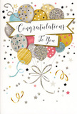 In this image, a single congratulations card is shown as if resting on a table ready to be slipped into a delivery envelope, its front a detailed illustration of celebration captured in calm, elegant tones. The main feature is a bouquet-like cluster of balloons, gathered toward the lower half of the card and rising upwards in soft overlapping layers. Each balloon is gently rounded and shaded to suggest a soft sheen, with colours that range from warm gold and muted silver to champagne cream, blush pink, and light sky blue, with the occasional soft grey adding balance. Some balloons are patterned with tiny stars, others with delicate stripes or speckled, glitter-like highlights, creating variety and a sense of gentle sparkle, like party decorations catching the light inside a cosy Egham home. Thin strings drift from each balloon, traced in fine gold and silver lines that loop and swirl toward the base of the illustration, tying the design together with a sense of movement. Cutting horizontally across the centre, a ribbon-style banner unfurls with its ends curling upwards. On this banner, in elegant, flowing handwriting-style script, are the words Congratulations To You, the lettering slightly bold and confident yet gracefully formed. The rest of the card's background is a pale, creamy tone, scattered with small star shapes, confetti-like dots, and curling streamers that look as though they're gently suspended in the air, suggesting the lingering joy after a toast in town, perhaps following a ceremony at Royal Holloway or a celebration near the riverside. The overall feel is one of warm pride, subtle glamour, and heartfelt recognition of achievement, the perfect paper companion to a bouquet sent to mark life's proud moments in and around Egham.