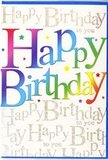 This birthday card design looks like a snapshot of a joyful celebration in Egham, full of colour and gentle sparkle. Prominently across the middle, the phrase 'Happy Birthday' is written in big, smooth-edged letters that appear to glow with a soft, rainbow sheen. The colours wash from deep cherry and fuchsia into cool violets and midnight blues, then roll effortlessly into rich teals, grassy greens, and finally warm lemon and honey tones. The blending is seamless, giving the words a sense of movement, as if they've been painted with overlapping washes of ink on silk. The texture of the letters seems slightly raised and glossy, suggesting a card you'd enjoy running your fingers over as you read the greeting aloud. Behind this colourful heading, the background is covered in rows of tiny, flowing gold script that continually repeats 'Happy Birthday to you' in an elegant, handwritten style. The script has the look of fine metallic ink, catching the light with a soft gleam, like sunlight glancing off the rooftops around Egham High Street on a clear day. Scattered across the front are minute specks and twinkles of gold and pale silver, evoking the lightness of confetti drifting through the air at the close of a party. The overall feel is celebratory but not overpowering, with the golden background adding warmth and sophistication to the bright, youthful lettering. This is the type of card that would sit beautifully next to a colourful birthday bouquet from a local Egham florist, bringing together vivid colour, thoughtful design, and the shared joy of marking another year.