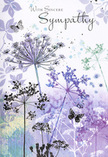 This sympathy card unfolds like a gentle visual poem, echoing the calm of an Egham evening when the sky deepens into tones of lavender and indigo. Airy silhouettes of wildflowers, inspired by umbelliferous meadow blooms, reach upward in slender, arching lines. Their delicate umbels are rendered in layered shades of lavender, deep indigo, and soft blue, giving the illusion of a quiet meadow at dusk, held together by the lightest touch of watercolour. The stems are fine and slightly swaying, suggesting a soft breeze, while ghost-like hints of foliage drift behind them in pale, blurred contours. Throughout the scene, a few butterflies hover near the blossoms, their wings semi-transparent and gently outlined, symbolising transformation and the ongoing presence of loved ones in memory. The colour palette is cool yet deeply comforting, moving from pale lilac at the base to a twilight blue-grey above, as if reflecting the gradual dimming of day along the Thames. Across this calming background, the words With Sincere Sympathy are written in an elegant, flowing script, gracefully integrated so they neither dominate nor disappear. The entire composition feels hushed and respectful, like the atmosphere before a service begins in one of Egham's churches or chapels. As a florist familiar with crafting condolence bouquets for families around the High Street, Pooley Green, and Runnymede, I see how this artwork mirrors the quiet support that flowers provide. Paired with a thoughtfully arranged funeral tribute, delivered by Flower Delivery Egham, the card offers an understated, nature-infused way to express heartfelt condolences.