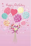 This whimsical birthday artwork captures the feeling of light-hearted celebration, much like the happy atmosphere of a gathering in Egham on a bright spring afternoon. A blush-pink background sets the scene, soft and inviting, while a cluster of pastel balloons hovers above a charming bouquet. Each balloon brings its own character to the composition: some spin with candy-striped ribbons in rose, mint, and lemon; others are dotted with playful spots or adorned with gentle floral designs; and at the centre, a heart-shaped balloon glows warmly in shades of pink and lavender, radiating affection. Tethered beneath this dreamy display is a detailed hand-tied bouquet, its flowers drawn with a florist's eye for nuance. Creamy ivory and blush roses are nestled among daisy-like and anemone-style blossoms in pale mauve, their petals appearing soft, layered, and slightly curled at the edges, as if freshly cut for a birthday delivery to a home near Egham station. The stems are gathered neatly, tied with a violet satin bow whose sheen adds an elegant finishing touch. Scattered around the arrangement are tiny twinkling stars and fluttering butterflies, introducing a note of fairy-tale wonder, like confetti floating lazily in the air. Gentle light seems to wash over the scene, blowing a soft highlight across the balloons and giving the petals a natural glow. The overall impression is airy, sweet, and joyfully festive, a visual echo of the happiness that comes from receiving a thoughtfully chosen birthday bouquet in soft, soothing colours.