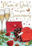 This anniversary card illustration paints a romantic still life that feels as if it might be set on a table in an Egham cottage, tucked away from the bustle of the High Street. In the foreground, lush red roses rest casually on the tabletop, their petals densely layered and velvety, curving inward to create a sense of depth and softness. Surrounding the blooms, fresh green leaves spread out in gentle arcs, their subtle sheen echoing the look of foliage freshly cut and arranged for a special occasion. Beside the roses, a heart-shaped box of chocolates sits with its lid open, revealing an orderly selection of smooth, dark and milk truffles. The box is cinched with a broad red ribbon, tied into a generous bow whose loops and trailing ends add movement and elegance. Just behind, two tall champagne flutes stand close together, brimming with light golden champagne. Delicate bubbles rise through the clear glass, giving the sense that a lingering toast is about to be made. Sprinkled across the background are small gold and crimson hearts, swirling around a carefully hand-lettered Mum & Dad message, which lends the card both intimacy and playfulness. On the table, a bright scarlet envelope lies ready to be opened, hinting at loving words penned inside, reminiscent of the heartfelt messages our customers include when sending anniversary flowers across Egham, Englefield Green, and along the leafy paths towards Runnymede. A warm, diffused light envelopes the entire scene, making the petals glow, the chocolates gleam faintly, and the glassware shine. The overall effect is one of calm celebration, where simple pleasures-roses, champagne, and chocolates-come together to honour a cherished partnership.